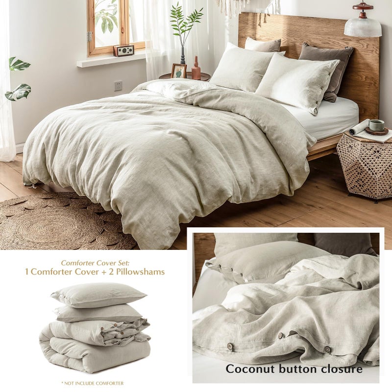 Simple&Opulence 100% Linen Duvet Cover Set, 3 Pieces Belgian Flax Breathable Bedding, 1 Comforter Cover+2 Pillowshams with Coconut Button Closure(King,Linen) - Image 4